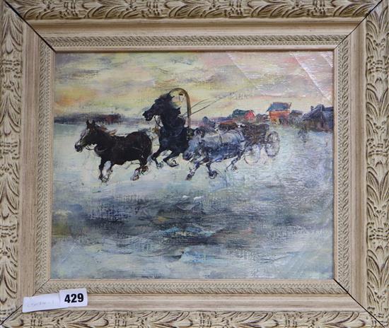 Eastern European, oil on canvas, Horses pulling a cart, indistinctly inscribed verso, 26 x 32cm